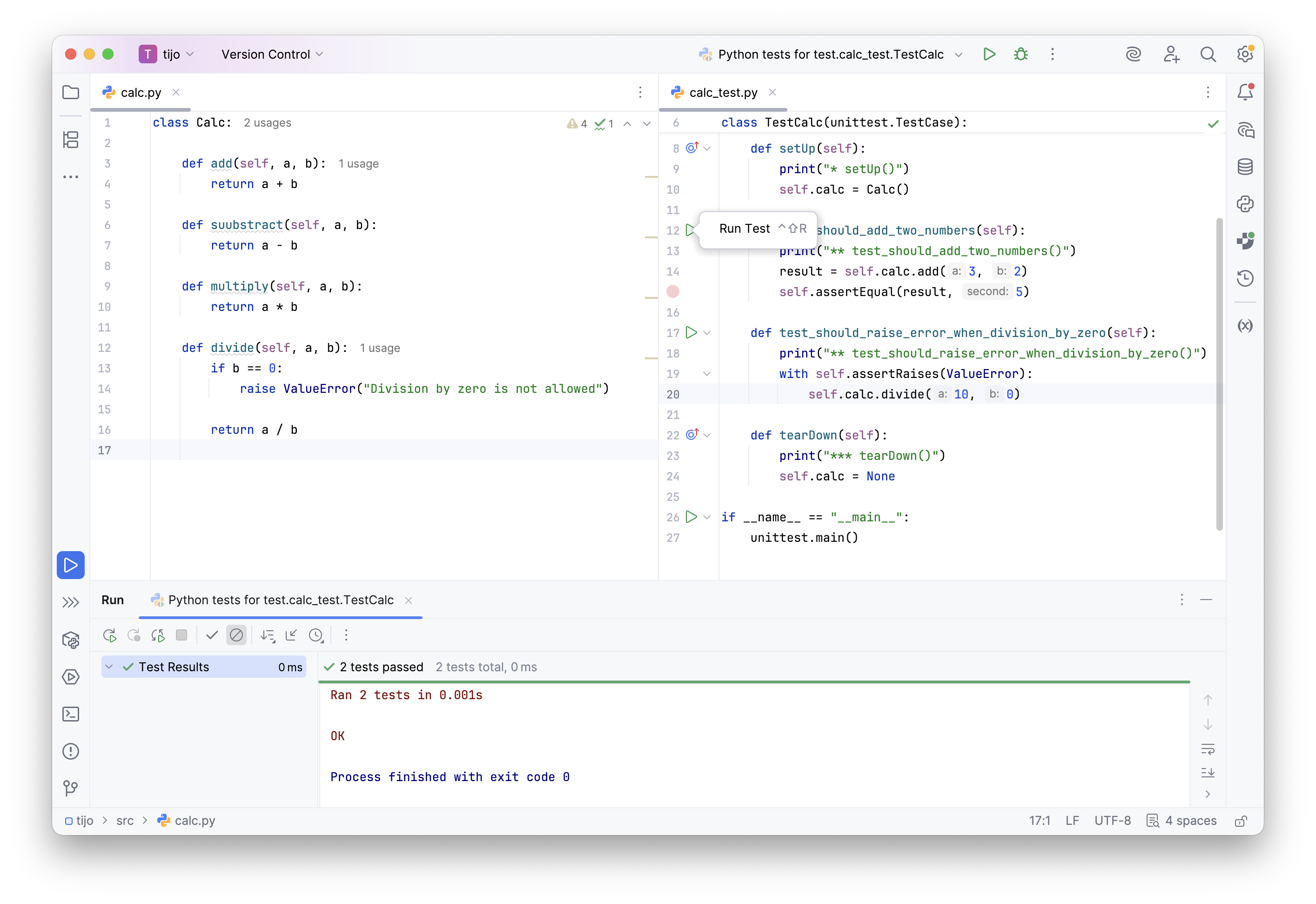 Widok uruchomionych testów